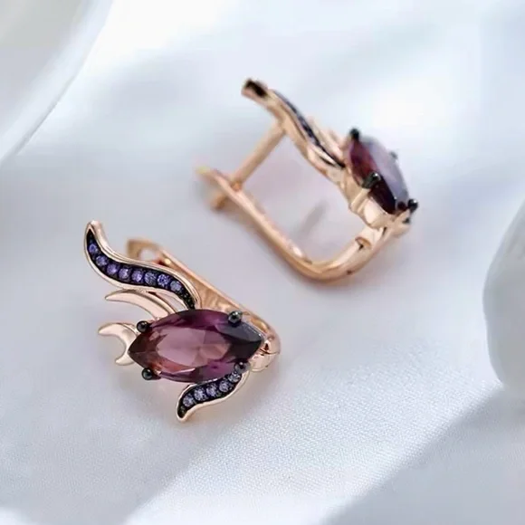 Unique Rose Gold 585RG Purple Natural Gem Zircon Fish Design Earrings - Picture 3 of 9